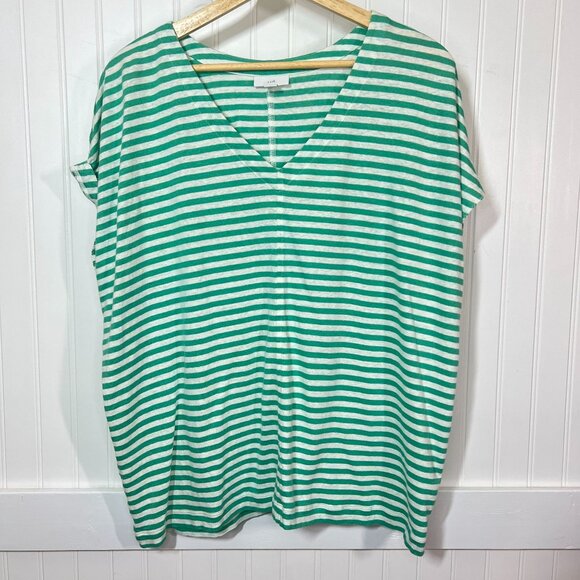 J. Jill Women's Green White Stripe Linen Blend V-Neck Relaxed Fit Tee Top Large - Picture 2 of 10